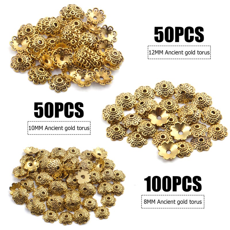 BronaGrand 200pcs 8mm/10mm/12mm Bead Caps Spacer Beads Flower Bead Caps Jewelry DIY Findings for Necklace Bracelet Making,Antique Gold - Image 2